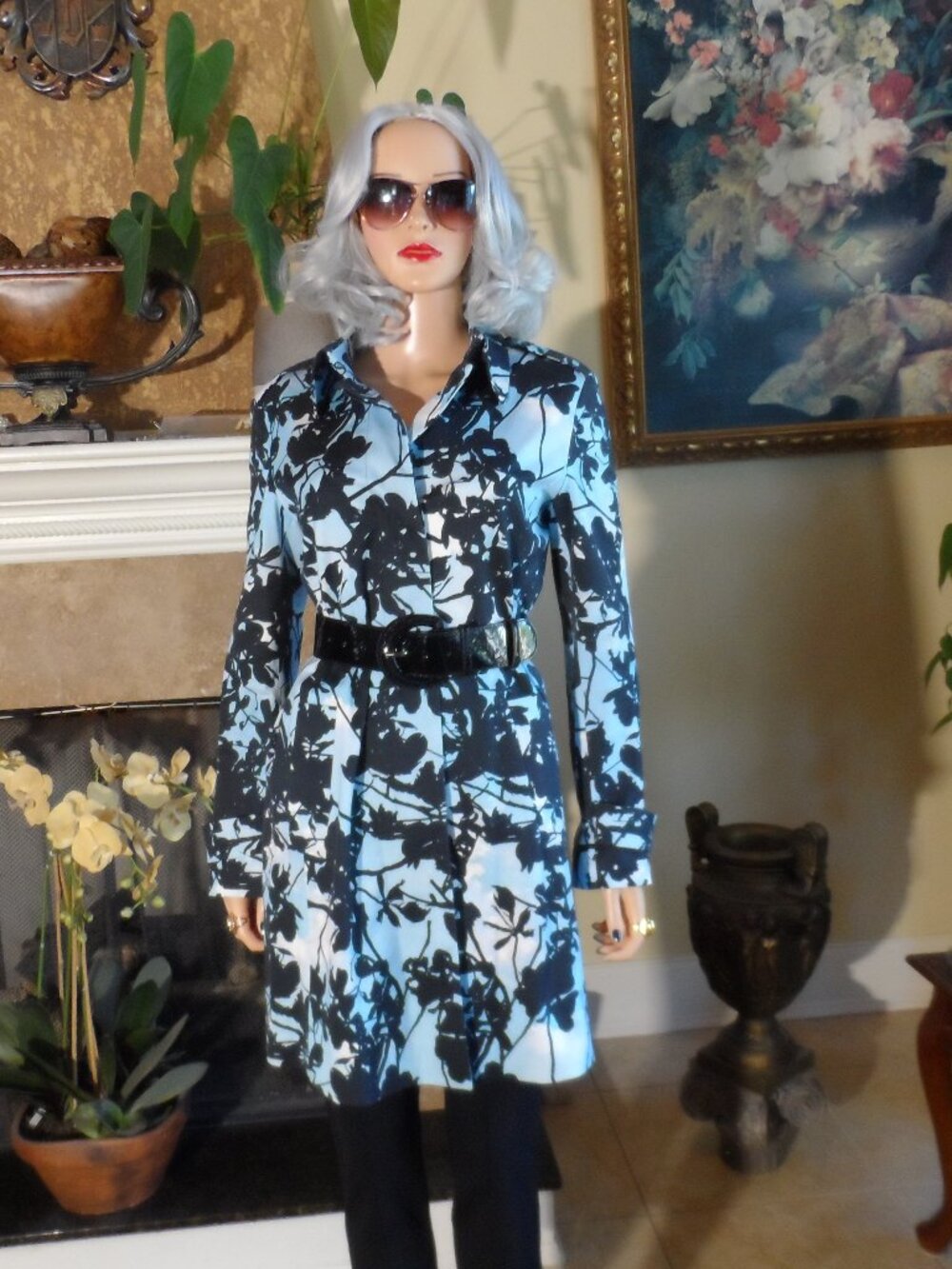 Akris Punto Light Blue & Black Floral Print Belted Trench Coat US 8